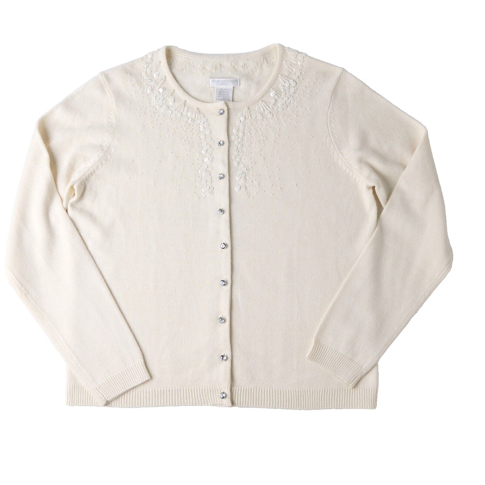 Worthington Cardigan Sweater Women M Petite Ivory Sequin Embellished Cottagecore